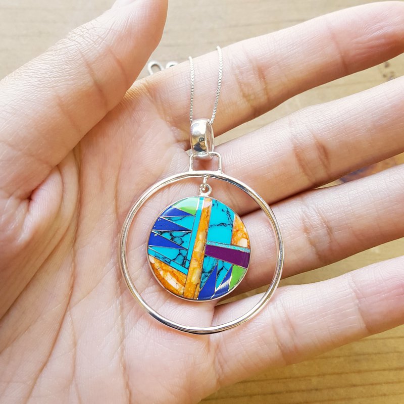 Arizona Turquoise and Inlaid Jewelry Multicolored Double Circle Pendant
