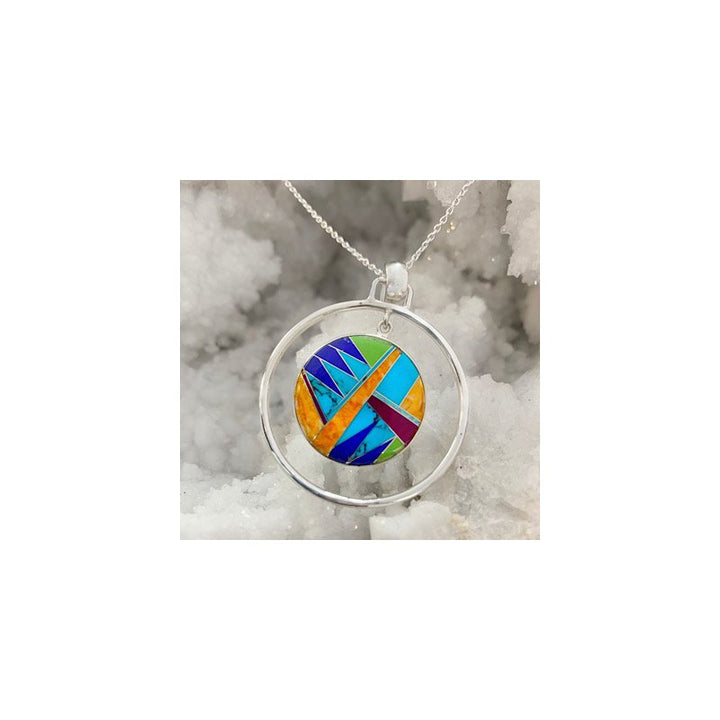 Arizona Turquoise and Inlaid Jewelry Multicolored Double Circle Pendant