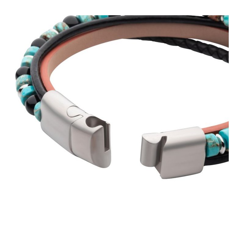 INOX Jewelry Brown & Black Full Grain Cowhide Leather with Black Onyx & Green Emperor Stone Bead Multi-Strand Bracelet