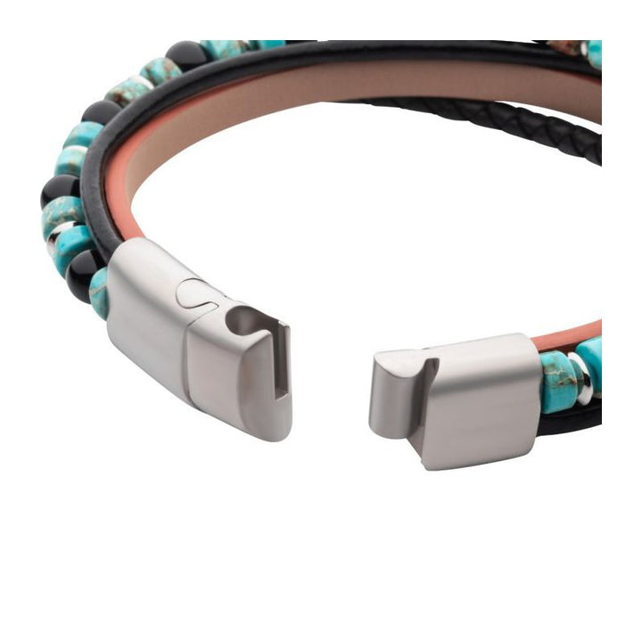 INOX Jewelry Brown & Black Full Grain Cowhide Leather with Black Onyx & Green Emperor Stone Bead Multi-Strand Bracelet