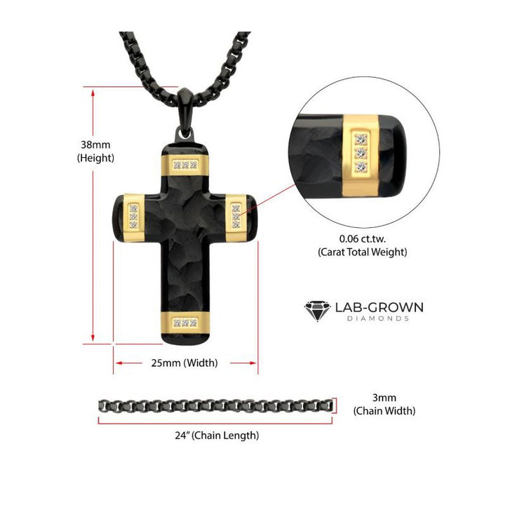 INOX Jewelry Matte Finish Black IP Carved Steel Small Cross Pendant with 18K Gold IP accents & Lab-Grown Diamonds, with Black Box Chain