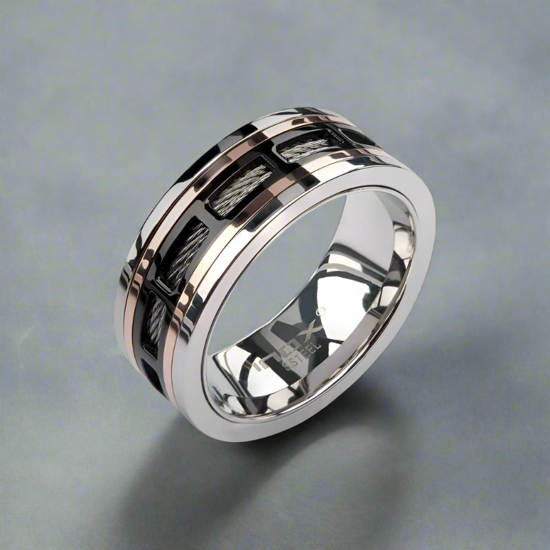 INOX Jewelry Black & Rose Gold IP Steel Window with Cable Inlay Comfort Fit Ring FR1017