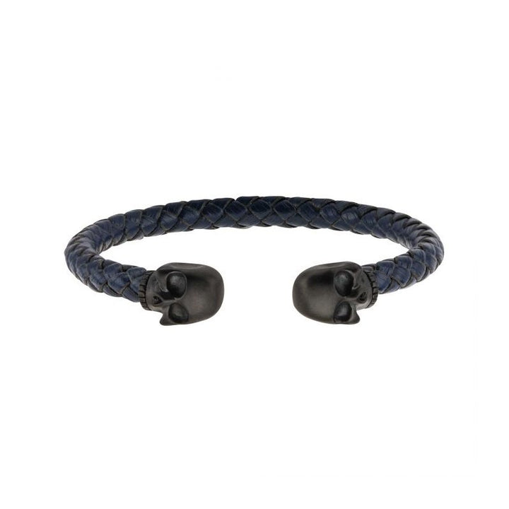 INOX Jewelry Blue Leather with Black IP Skull Cuff Bracelet BR3922K