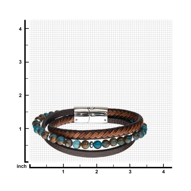 INOX Jewelry Chrysocolla Beads with Brown Full Grain Cowhide Leather Layered Bracelet