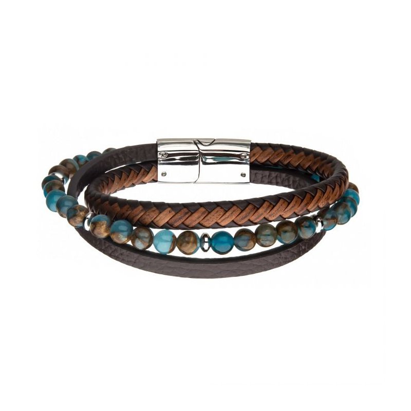INOX Jewelry Chrysocolla Beads with Brown Full Grain Cowhide Leather Layered Bracelet