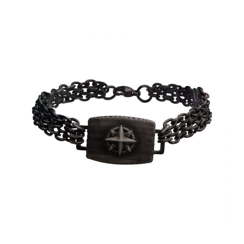 INOX Jewelry Gun Metal IP Compass Plate with Double Chain Link Bracelet BR38973