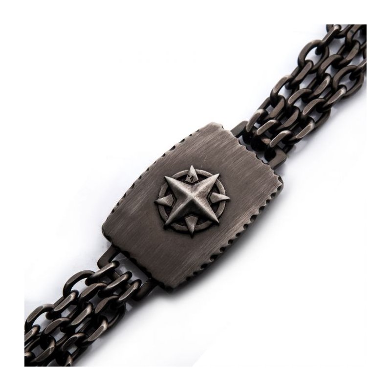 INOX Jewelry Gun Metal IP Compass Plate with Double Chain Link Bracelet