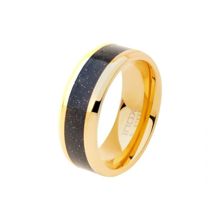 INOX Jewelry 18K Gold IP Genuine Blue Sandstone Inlay Ring FR005GP