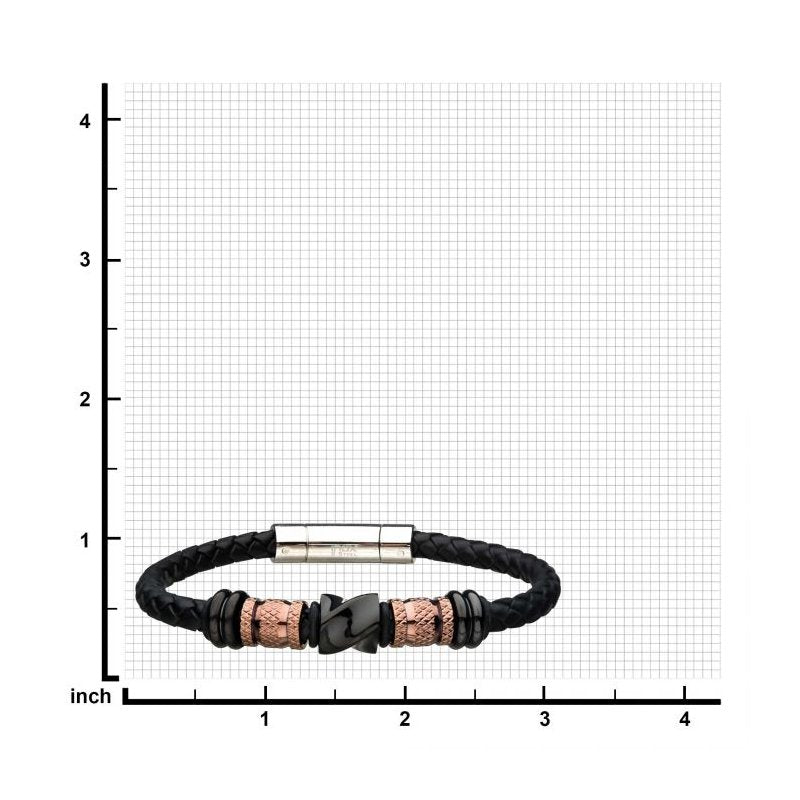 INOX Jewelry Black Braided Full Grain Cowhide Leather with Rose Gold & Black IP Beads Bracelet