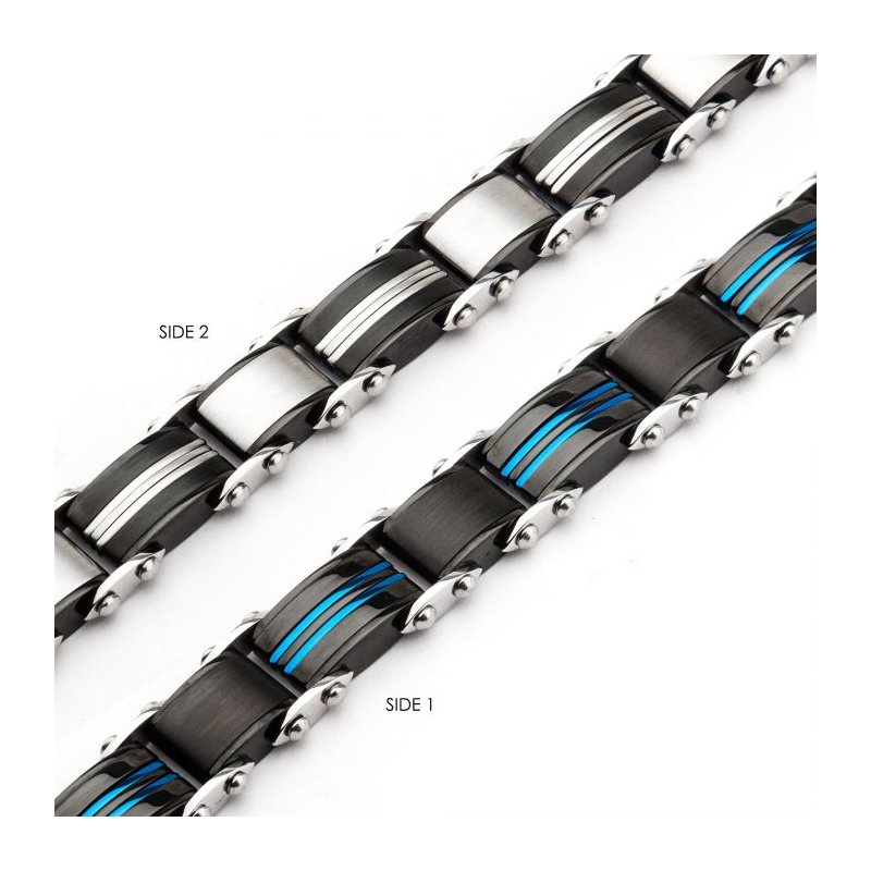 INOX Jewelry Double Sided Stainless Steel Blue IP & Black IP Reversible Bracelet