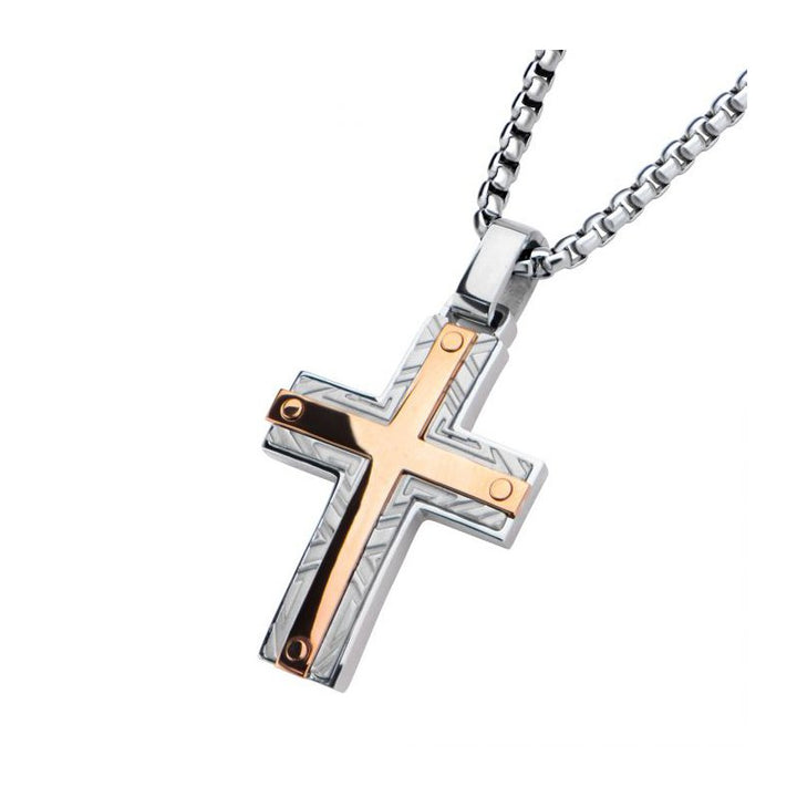 INOX Jewelry Rose Gold IP Bar Accent with Gray Steel Labyrintine Coin Stamped Pattern Cross Pendant with Steel Box Chain