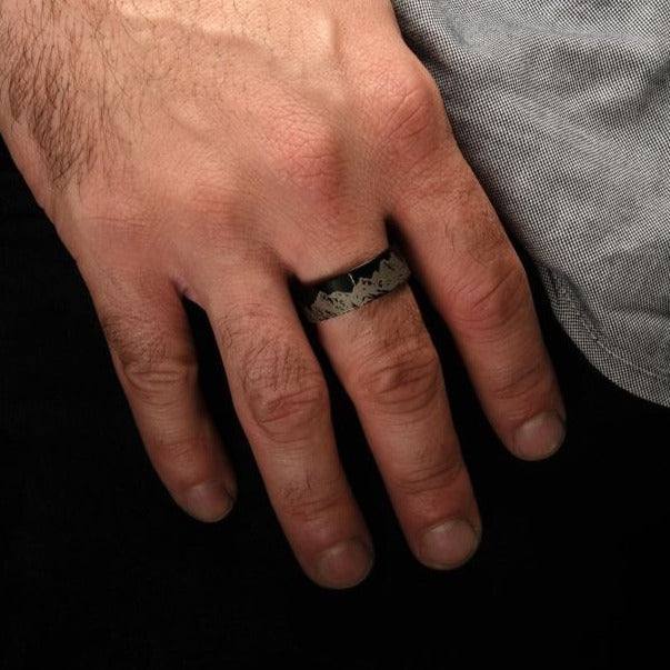 INOX Jewelry Titanium Black IP with Mountain Ridge Landscape Design Comfort Fit Ring