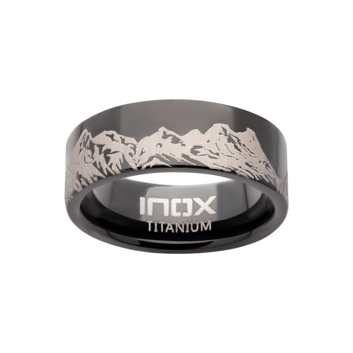 INOX Jewelry Titanium Black IP with Mountain Ridge Landscape Design Comfort Fit Ring