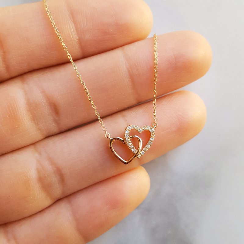 Gold Necklace Two Heart Pendant Gems One Diamond Double Heart Pendant