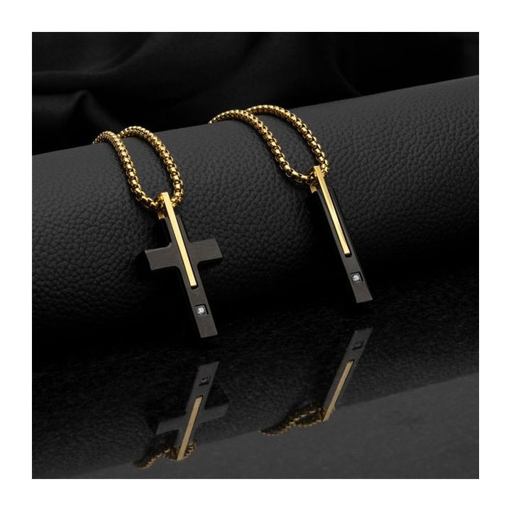 INOX Jewelry 18Kt Gold IP Stainless Steel Two Tone Black IP Lab-Grown Diamond Drop Pendant with Box Chain