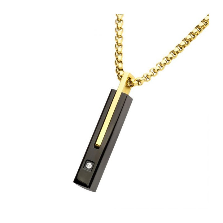 INOX Jewelry 18Kt Gold IP Stainless Steel Two Tone Black IP Lab-Grown Diamond Drop Pendant with Box Chain