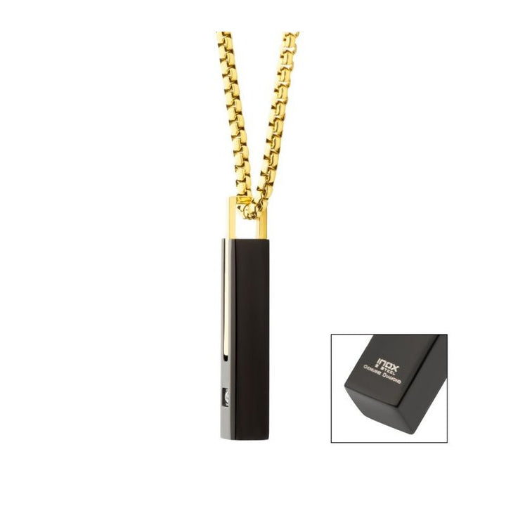 INOX Jewelry 18Kt Gold IP Stainless Steel Two Tone Black IP Lab-Grown Diamond Drop Pendant with Box Chain