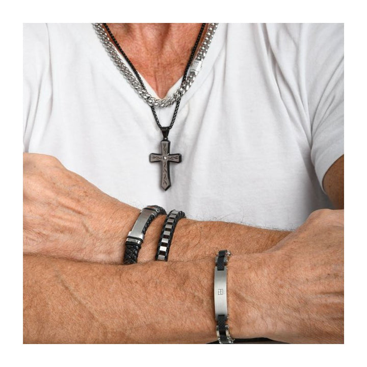 INOX Jewelry Black IP Tribal Cross Pendant with 2mm Lab-grown Diamond, with 24" Box Chain