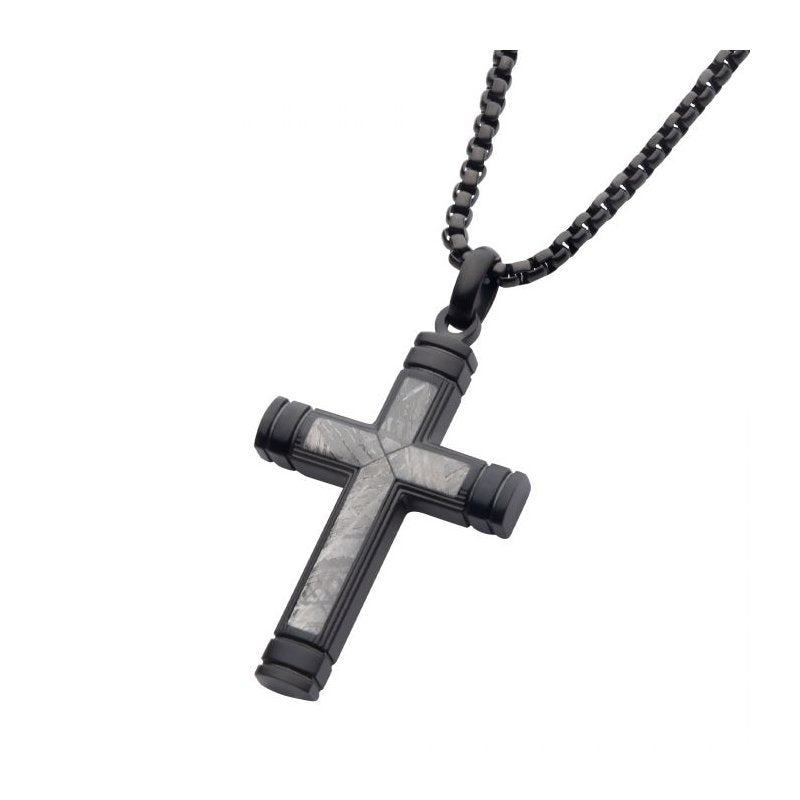 INOX Jewelry Meteorite Inlay Cross Pendant with Black IP Box Chain