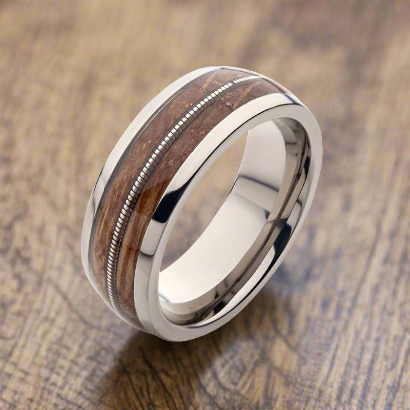 INOX Jewelry 8mm Clear Resin & Whiskey Barrel Wood Inlay Titanium Comfort Fit Ring FRT1388