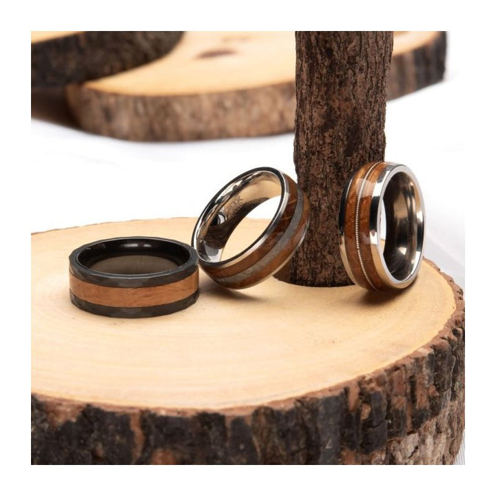 INOX Jewelry 8mm Clear Resin & Whiskey Barrel Wood Inlay Titanium Comfort Fit Ring
