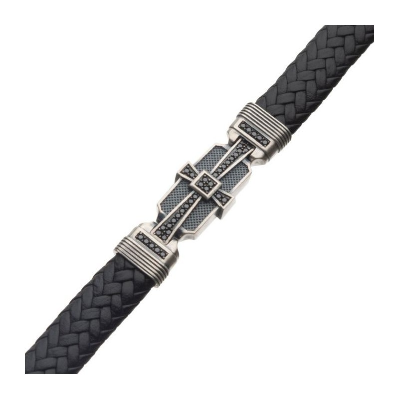 INOX Jewelry Genuine Sterling Silver with Black Braided Leather & 40pc Black CZ Bracelet