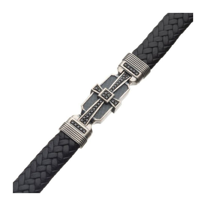 INOX Jewelry Genuine Sterling Silver with Black Braided Leather & 40pc Black CZ Bracelet