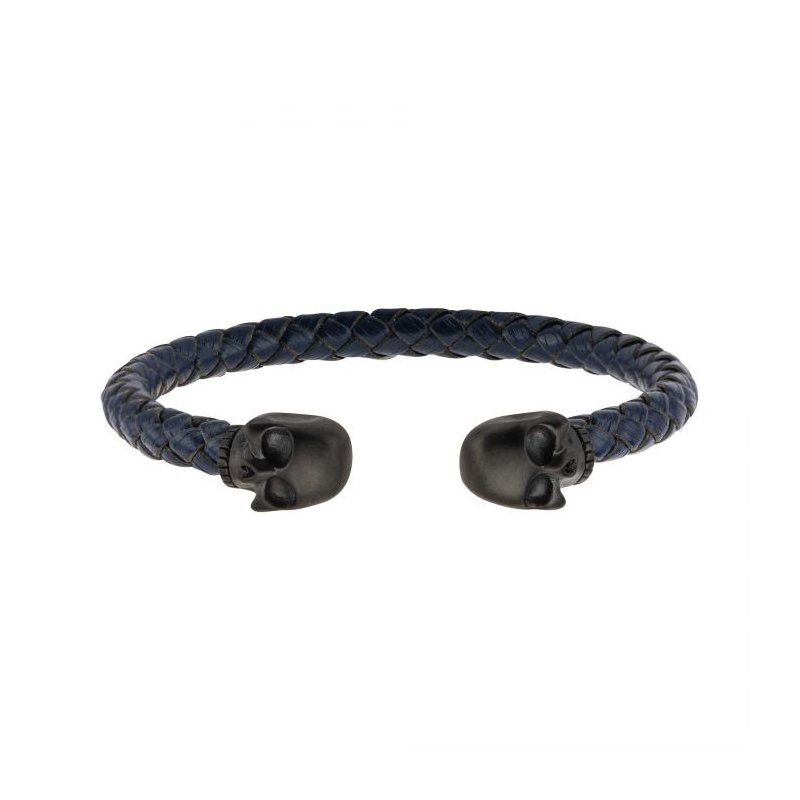 INOX Jewelry Blue Leather with Black IP Skull Cuff Bracelet
