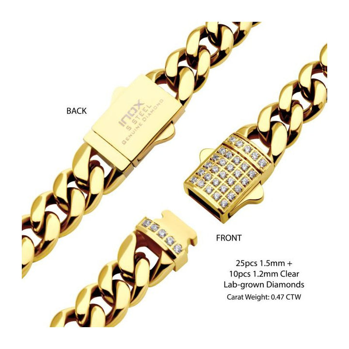 INOX Jewelry 10mm 18K Gold Plated Miami Cuban Chain Bracelet with CNC Precision Set Lab-grown Diamonds Double Tab Box Clasp