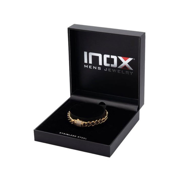 INOX Jewelry 10mm 18K Gold Plated Miami Cuban Chain Bracelet with CNC Precision Set Lab-grown Diamonds Double Tab Box Clasp