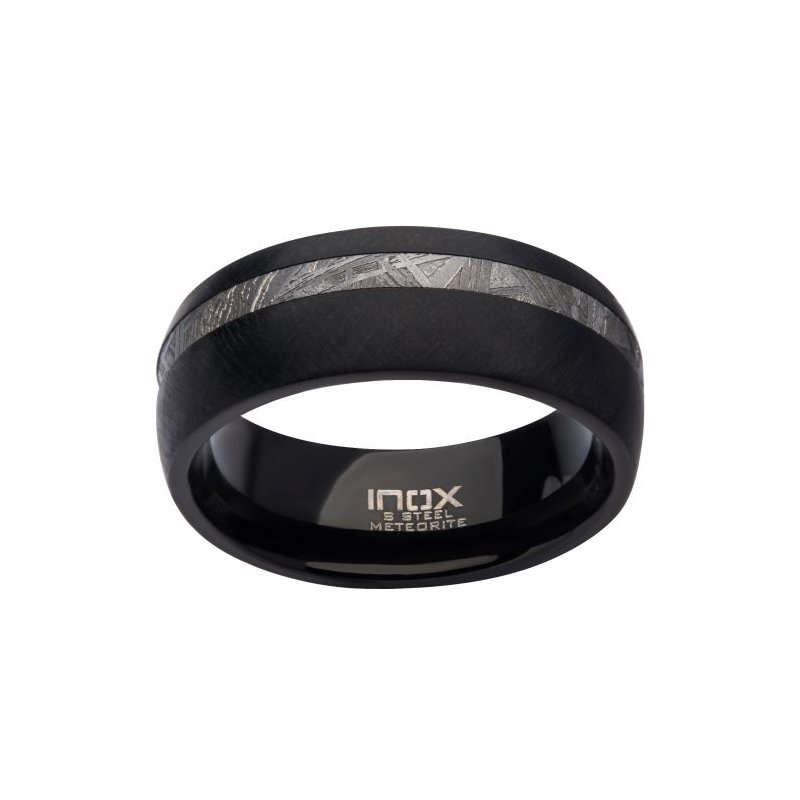 INOX Jewelry 8mm Black IP Comfort Fit Ring with 2mm Meteorite Inlay
