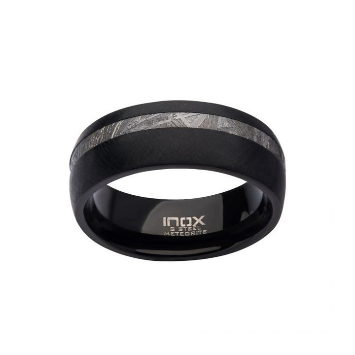 INOX Jewelry 8mm Black IP Comfort Fit Ring with 2mm Meteorite Inlay
