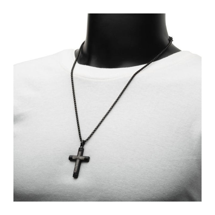 INOX Jewelry Meteorite Inlay Cross Pendant with Black IP Box Chain