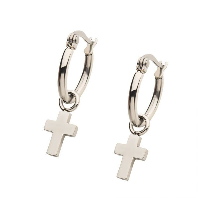 INOX Jewelry Stainless Steel Hoop with Cross Dangle Earrings