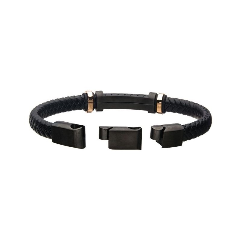 INOX Jewelry Black Leather with Rose Gold IP Beads & Black IP Engravable ID Bracelet