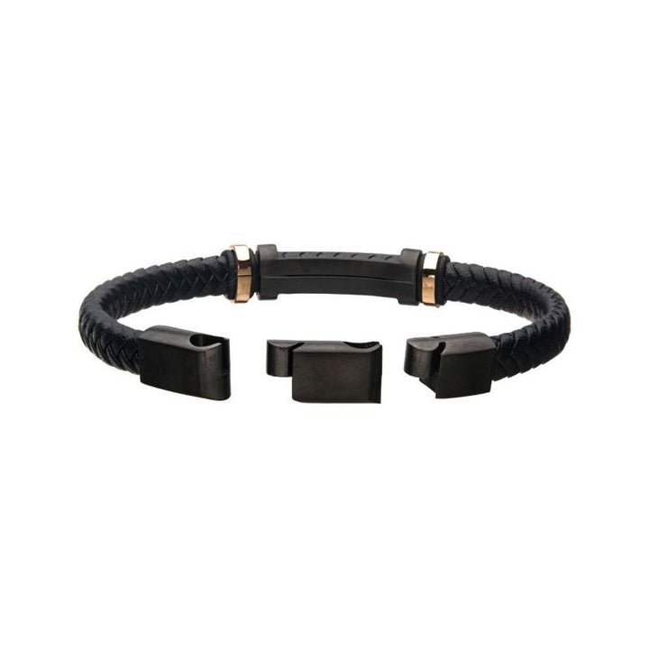 INOX Jewelry Black Leather with Rose Gold IP Beads & Black IP Engravable ID Bracelet