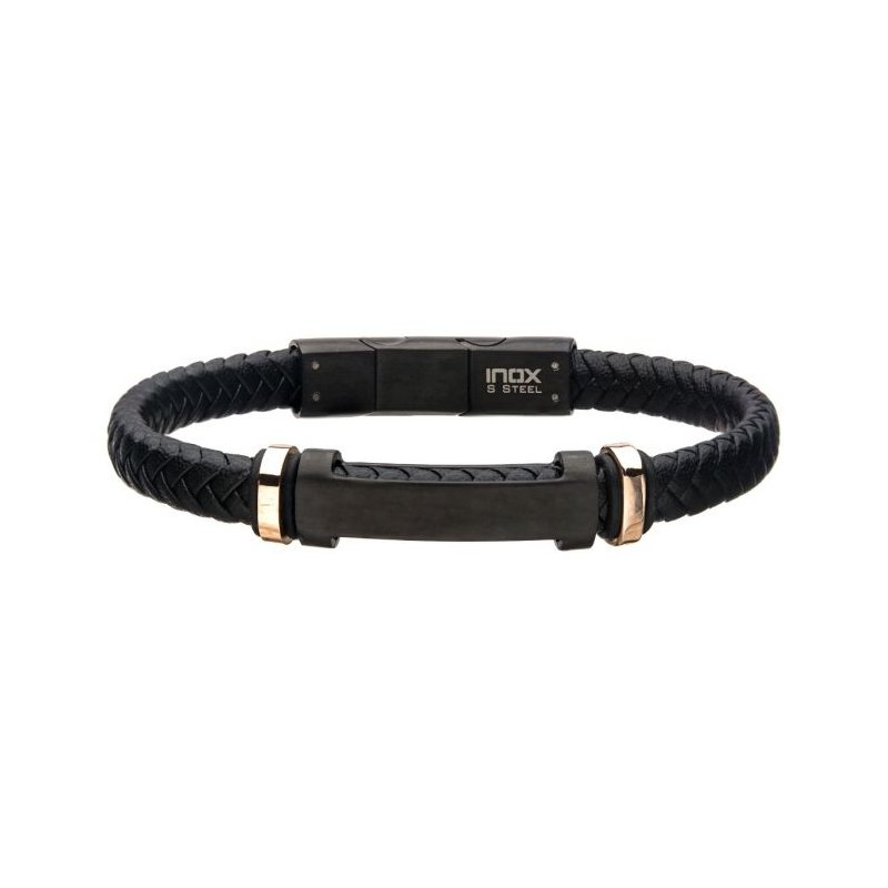 INOX Jewelry Black Leather with Rose Gold IP Beads & Black IP Engravable ID Bracelet