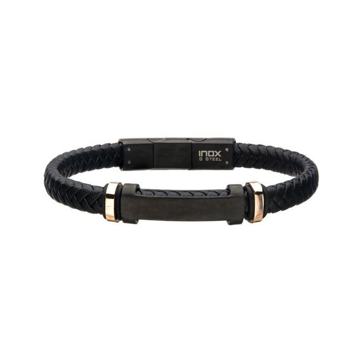 INOX Jewelry Black Leather with Rose Gold IP Beads & Black IP Engravable ID Bracelet