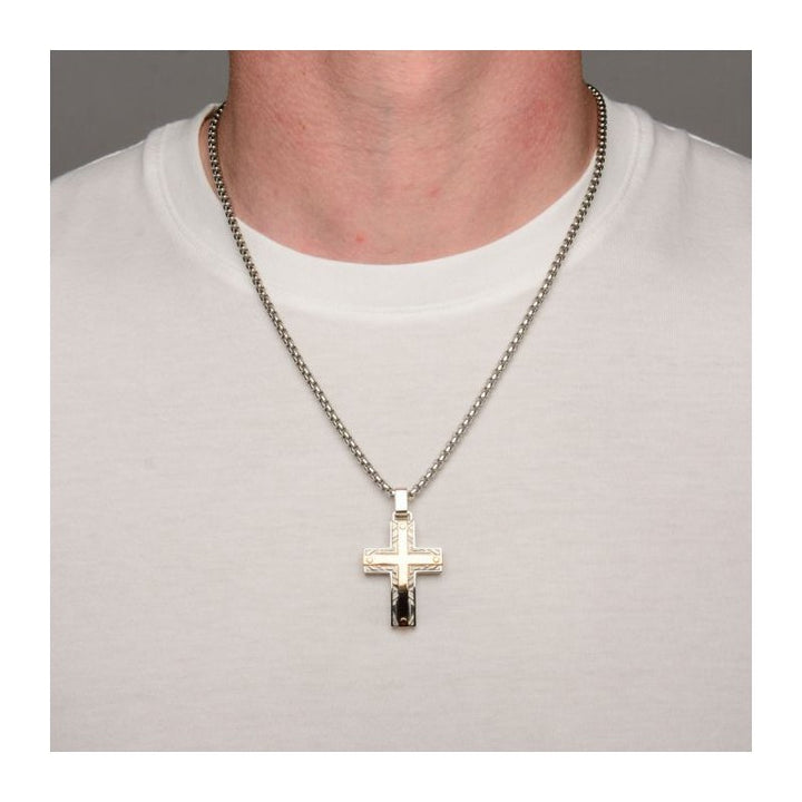 INOX Jewelry Rose Gold IP Bar Accent with Gray Steel Labyrintine Coin Stamped Pattern Cross Pendant with Steel Box Chain
