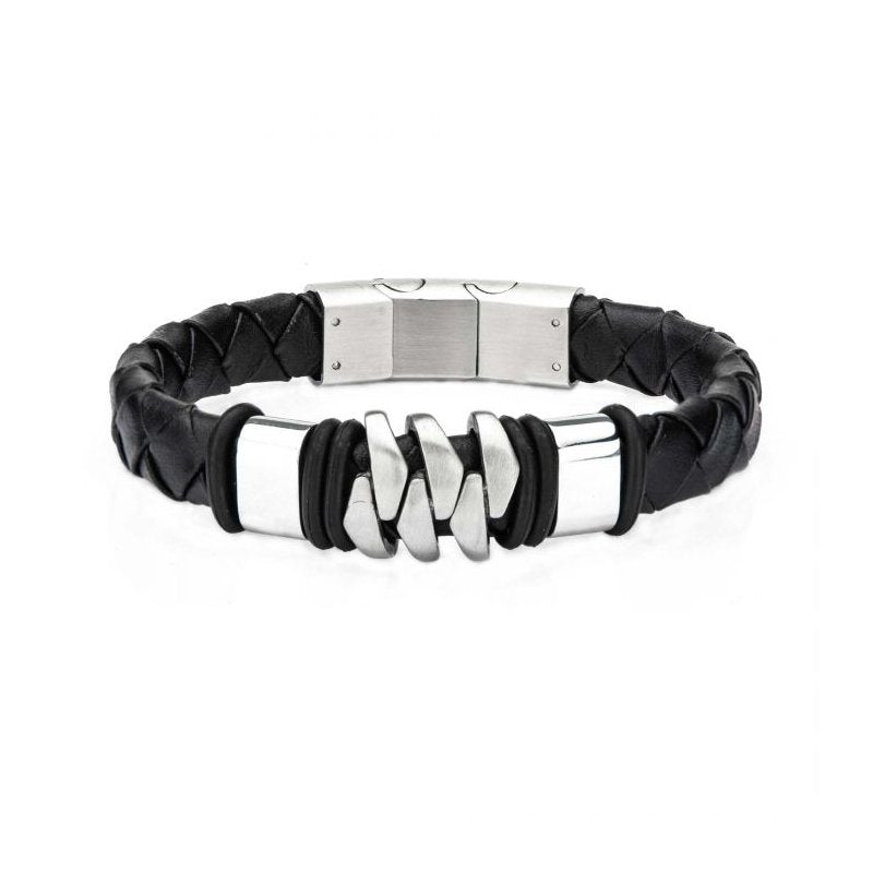 INOX Jewelry Stainless Steel & Matte Black Leather Bohemian Bracelet BR614KM