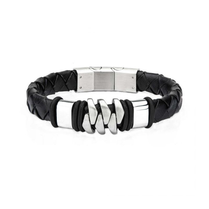 INOX Jewelry Stainless Steel & Matte Black Leather Bohemian Bracelet BR614KM