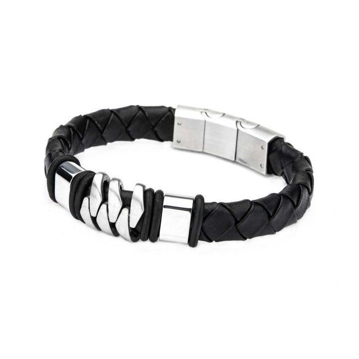 INOX Jewelry Stainless Steel & Matte Black Leather Bohemian Bracelet