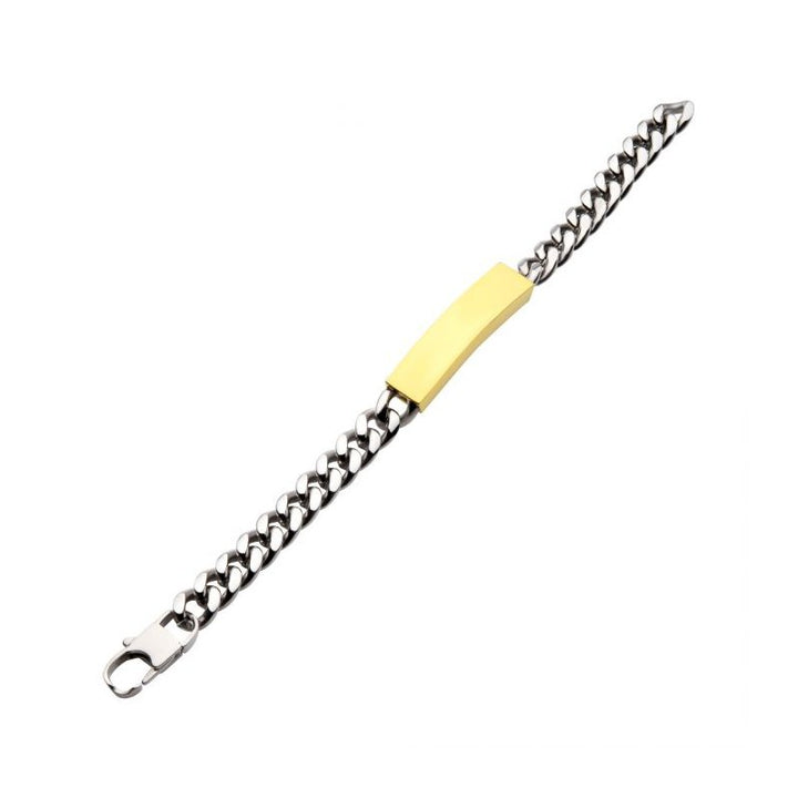 INOX Jewelry 10mm Steel Curb Chain Two-tone Bracelet with 18Kt Gold IP Engravable ID Plate BR44163GP-85