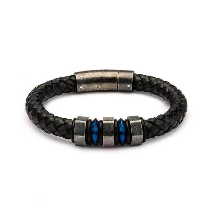 INOX Jewelry Black Braided Full Grain Cowhide Leather with Steel Blue IP & Gray Beads Bracelet BRLB833