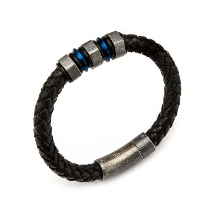 INOX Jewelry Black Braided Full Grain Cowhide Leather with Steel Blue IP & Gray Beads Bracelet