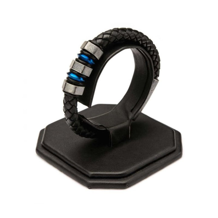 INOX Jewelry Black Braided Full Grain Cowhide Leather with Steel Blue IP & Gray Beads Bracelet