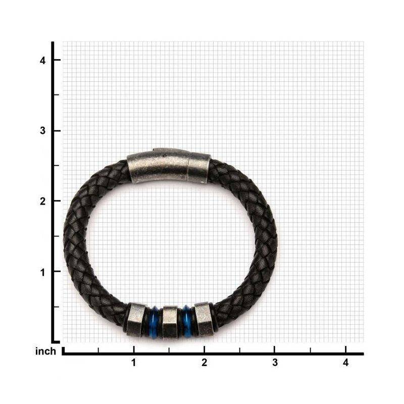 INOX Jewelry Black Braided Full Grain Cowhide Leather with Steel Blue IP & Gray Beads Bracelet