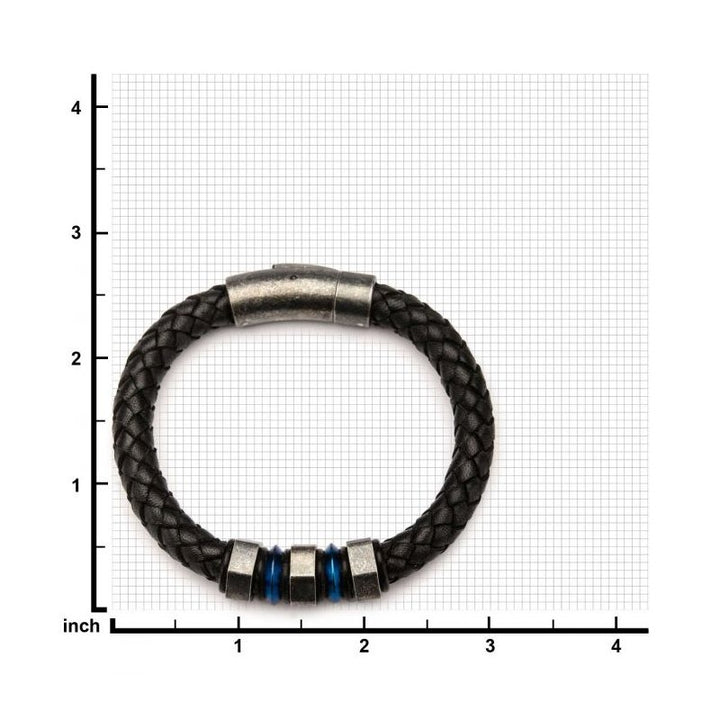 INOX Jewelry Black Braided Full Grain Cowhide Leather with Steel Blue IP & Gray Beads Bracelet