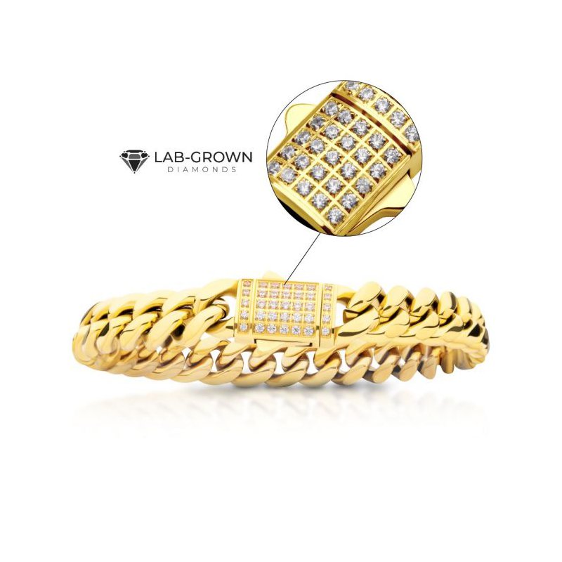 INOX Jewelry 10mm 18K Gold Plated Miami Cuban Chain Bracelet with CNC Precision Set Lab-grown Diamonds Double Tab Box Clasp