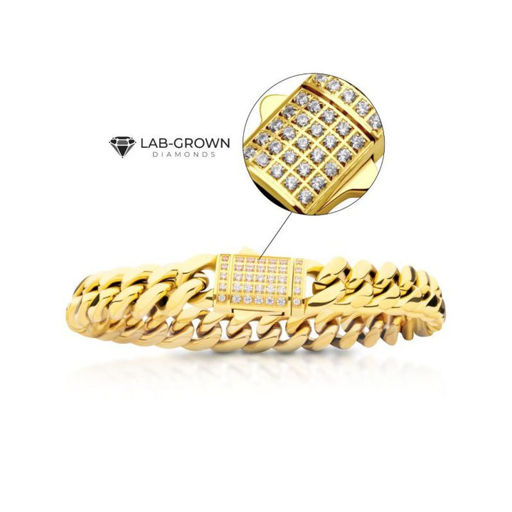 INOX Jewelry 10mm 18K Gold Plated Miami Cuban Chain Bracelet with CNC Precision Set Lab-grown Diamonds Double Tab Box Clasp